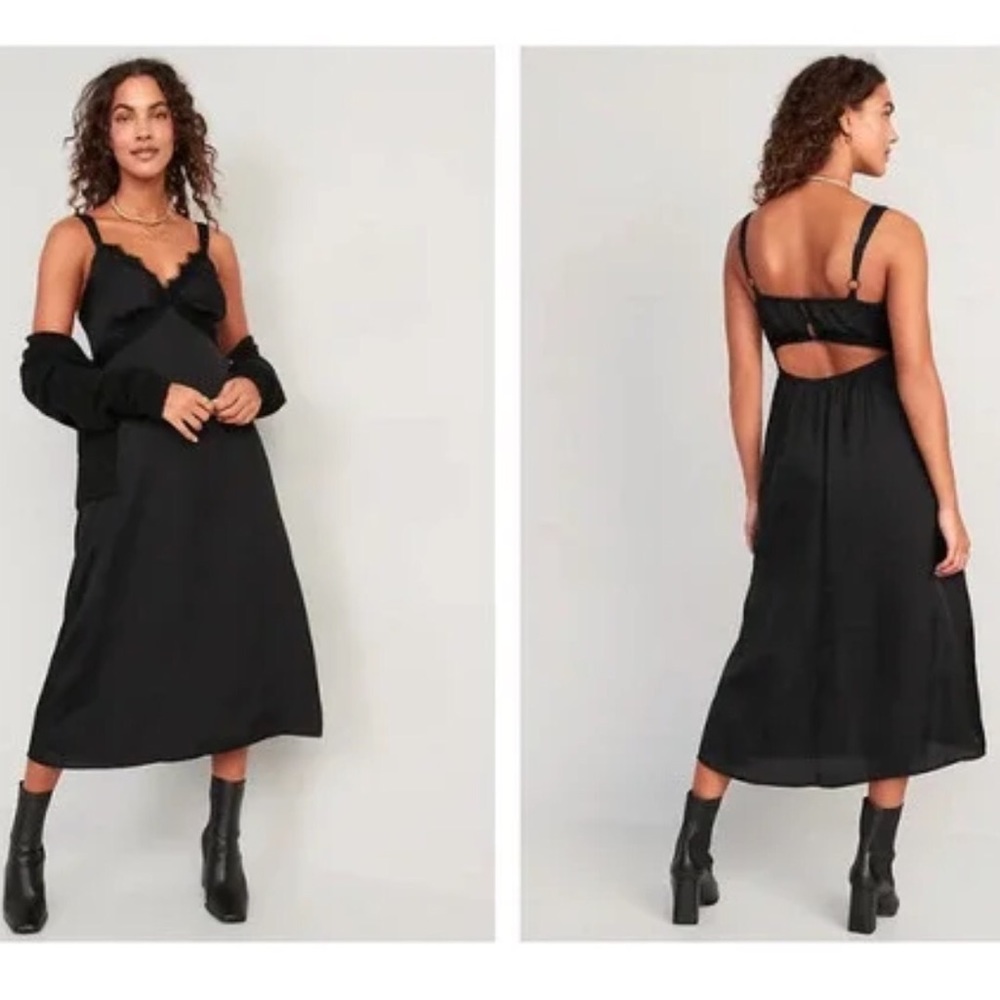 Old Navy Black Lace Trim V-Neck Cutout Midi Spaghetti Strap Slip Dress